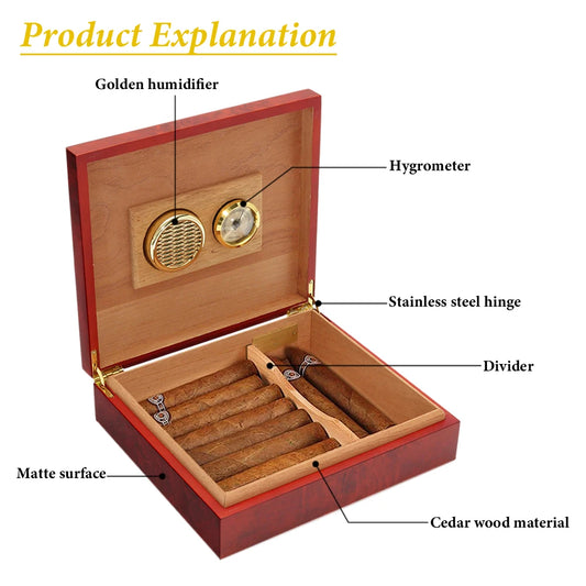 20 Count Cedar Wood Cigar Humidor – Portable Box with Hygrometer & Humidifier