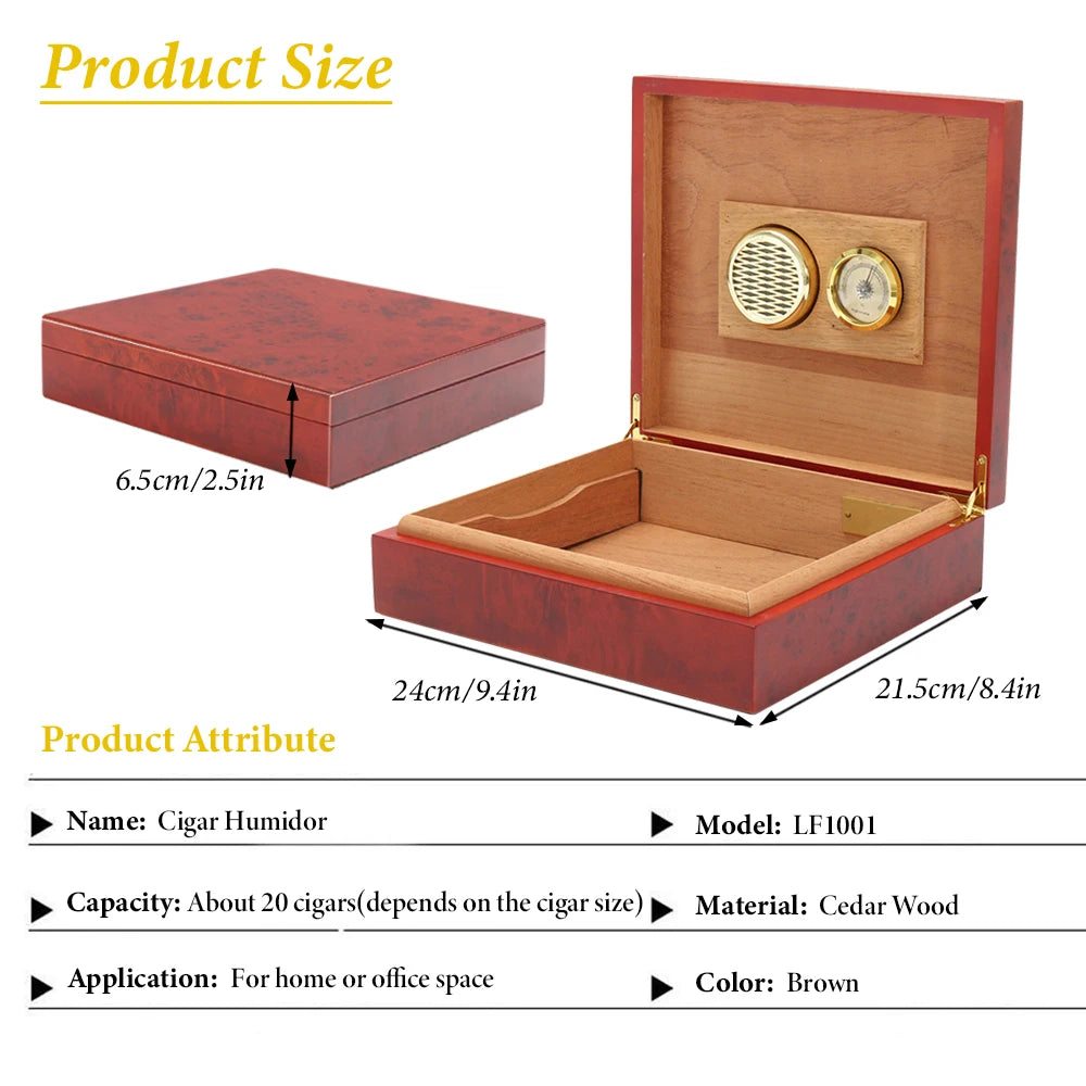 20 Count Cedar Wood Cigar Humidor – Portable Box with Hygrometer & Humidifier
