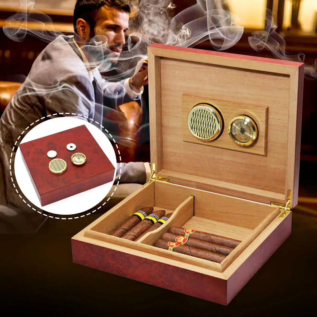20 Count Cedar Wood Cigar Humidor – Portable Box with Hygrometer & Humidifier